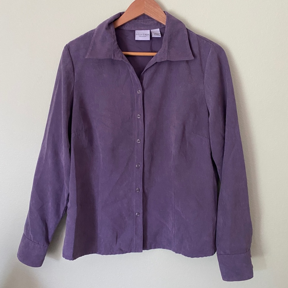 Retro Suede-Feel Fitted Purple Button Down | Size Large